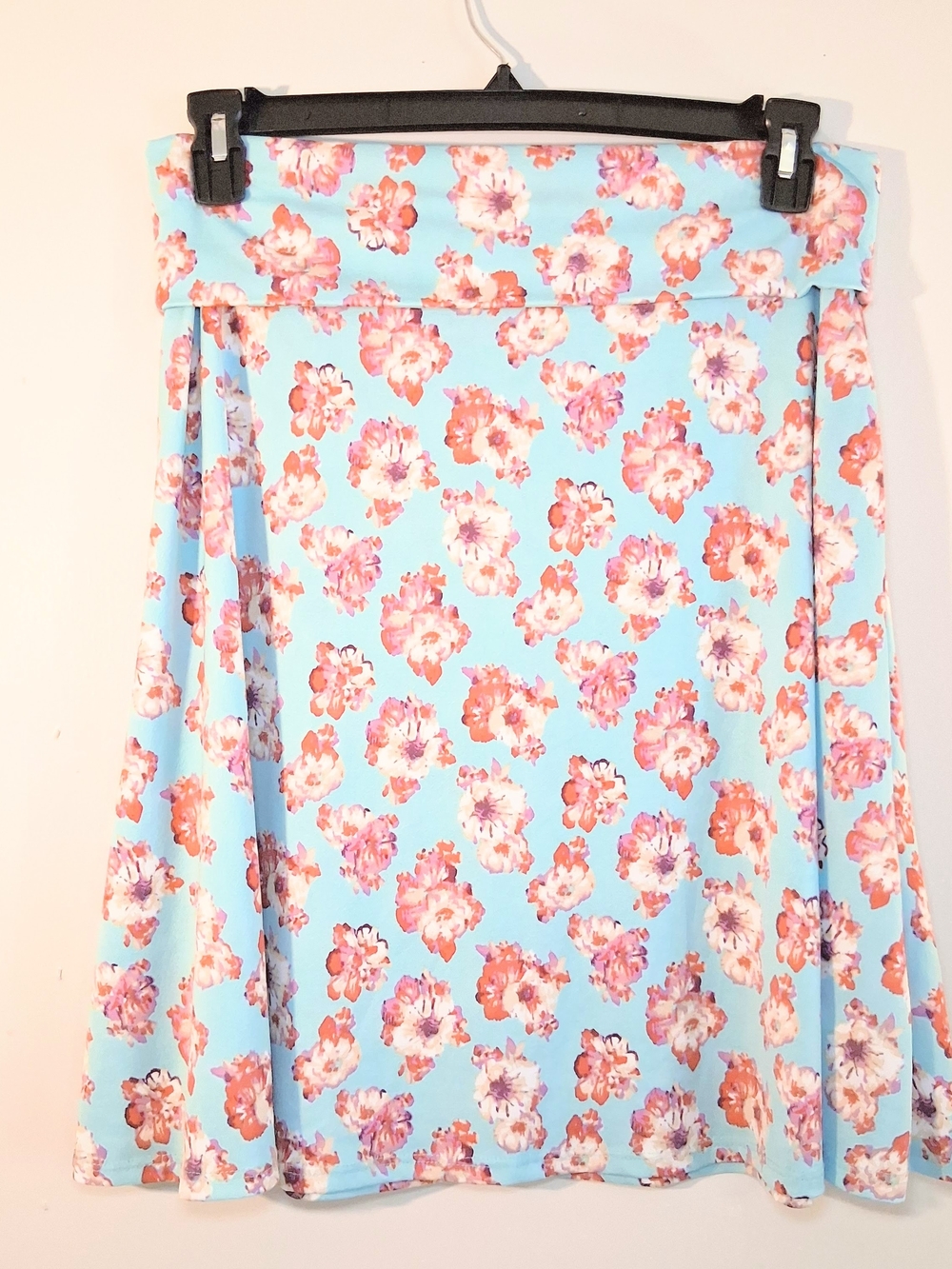 LuLaRoe Aqua Circle Skirt with Pink & Coral Floral Print Size Large